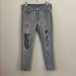 True Religion Blue Straight Leg Jeans with Distressed Details Women’s Size 28